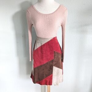 Genuine Suede Patchwork Quilted Midi Skirt in Red and Brown Size 10